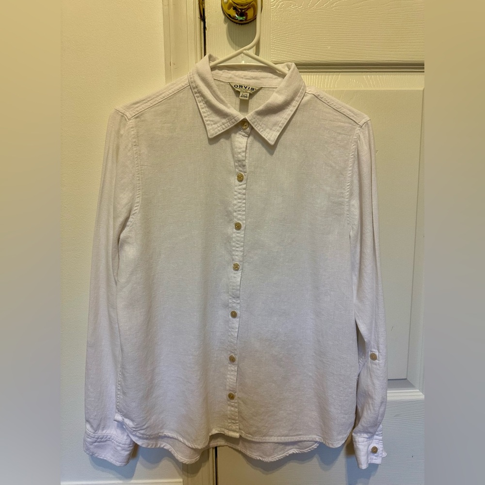 Orvis White Linen Blend Button Up Shirt Roll Up Long Sleeve Women’s Size Small